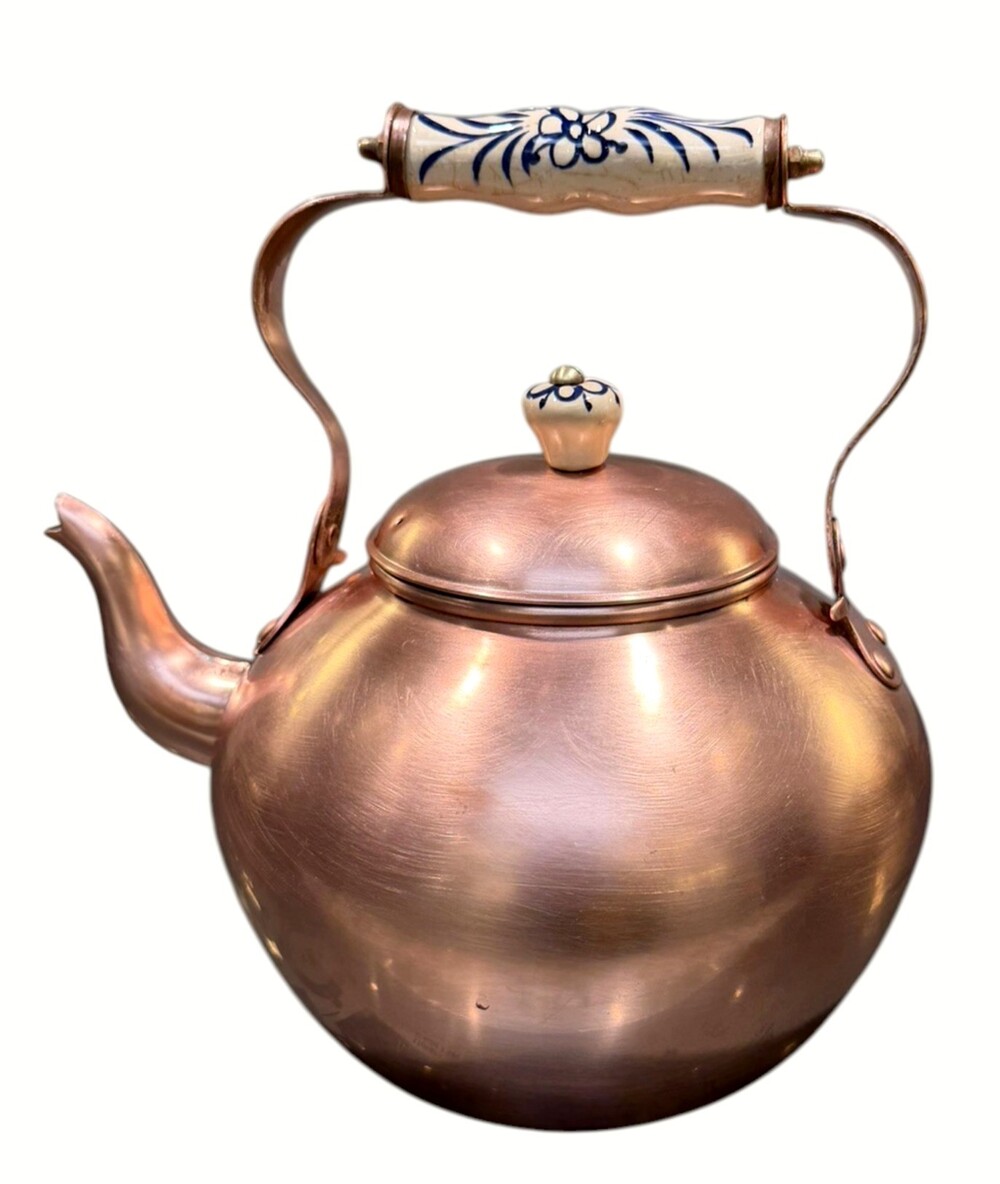 Vintage ODI Solid Copper Tea Kettle Portugal Blue White Porcelain Handle